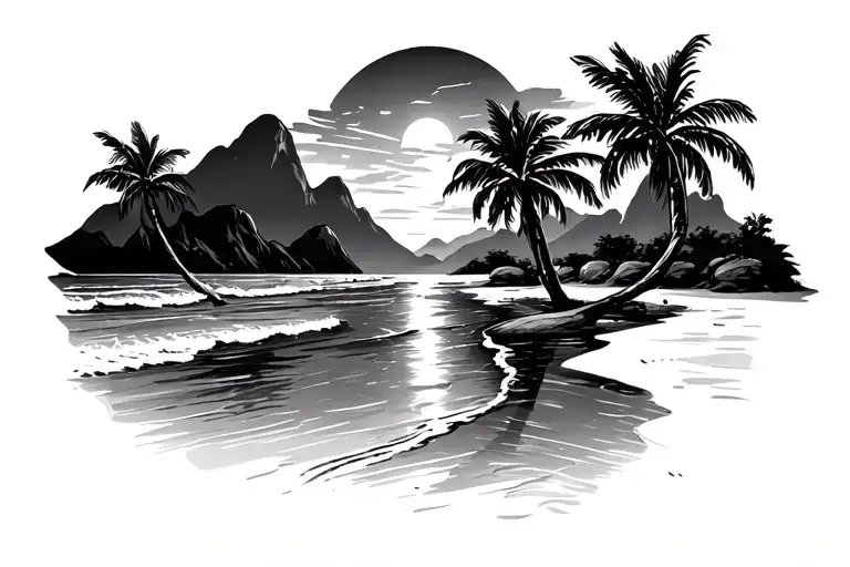 Beach Scene With Palm Trees Mountains In The Horizon