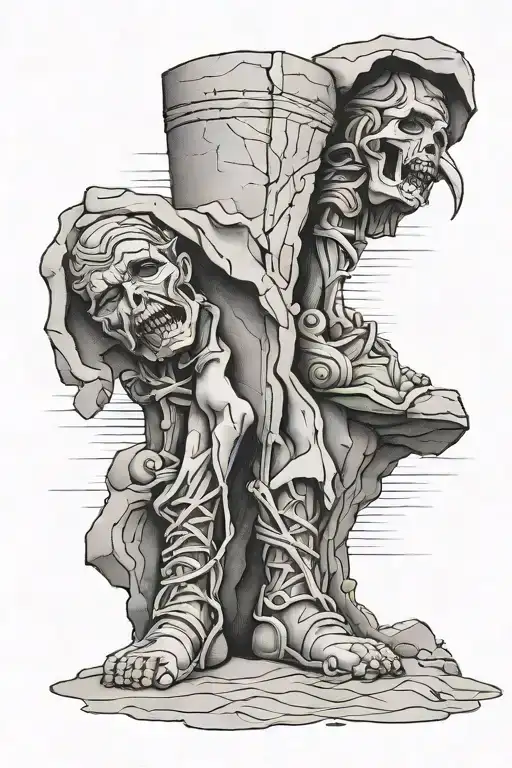 Two Broken Stone Statue Legs Standing In The Sand