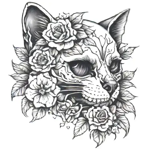 Cat Skull With Flowers