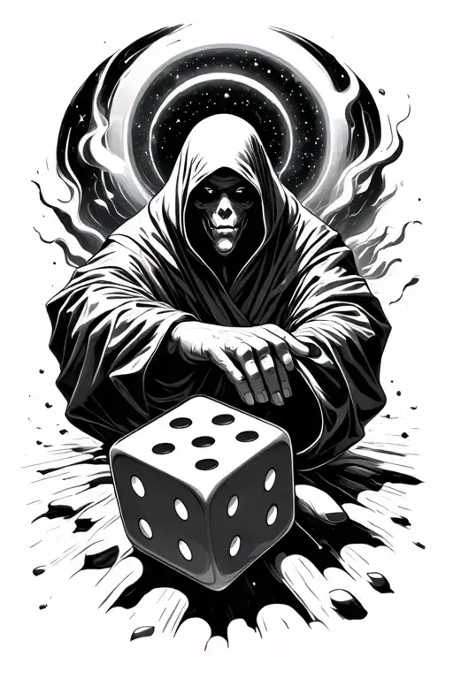 Shrouded Cosmic Being Emerging From Space Vortex Rolling Dice Of Fate With Hand