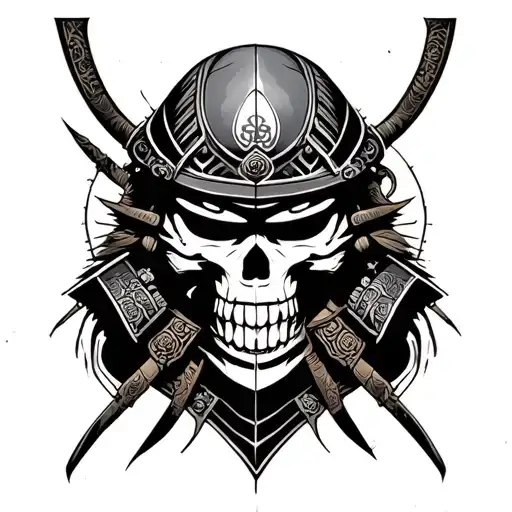 Samurai Mask Cut Down With A Skull Between It