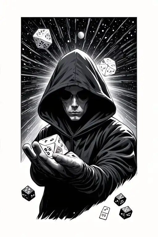 Hooded Figure Space Vortex Rolling Dice With Hand
