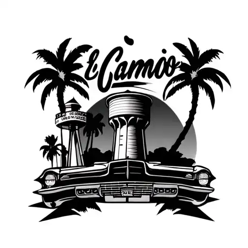The Name Band In A Gangster Font With Palm Trees A Water Tower And An El Camino Under It