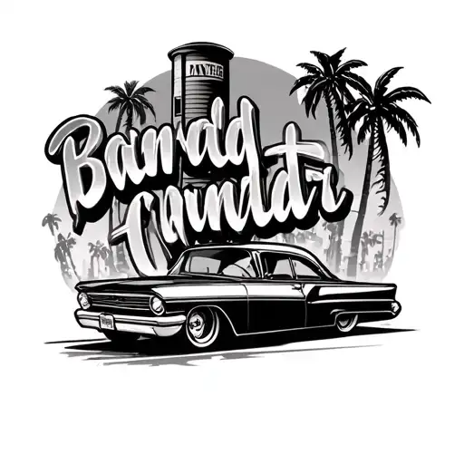 The Name Band In A Gangster Font With Palm Trees A Water Tower And A Lowrider