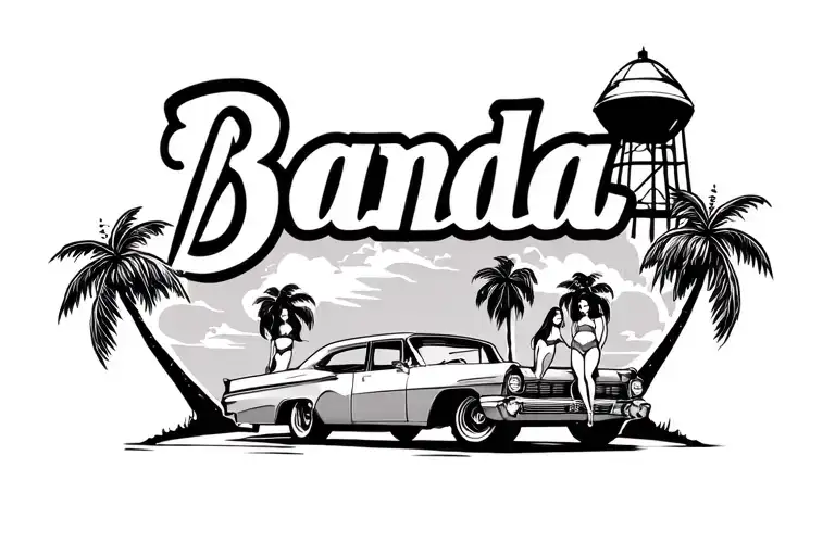 The Name Banda In With Palm Trees A Water Tower And A Lowrider With Girls In Bikinis