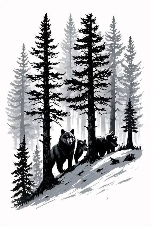 Bear In Trees With A Wolf Silouhette