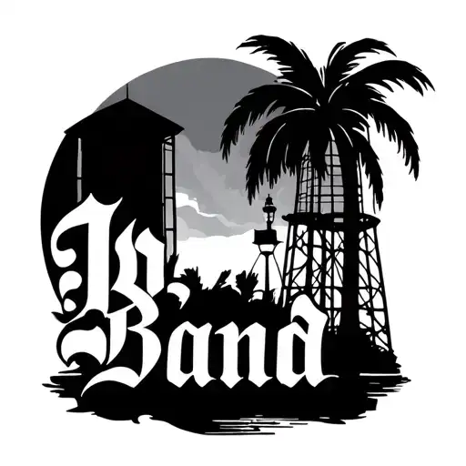 The Name Banda In Old English With Palm Trees And A Water Tower In The Background