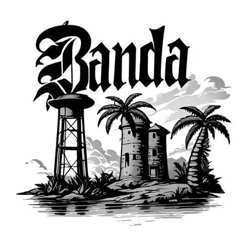 The Name Banda In Old English With Palm Trees And A Water Tower