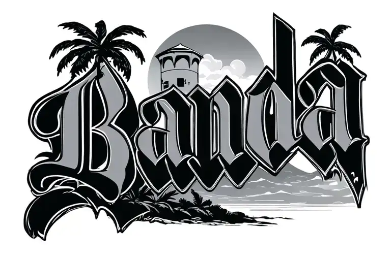 The Name Banda In Old English With Palm Trees And A Water Tower