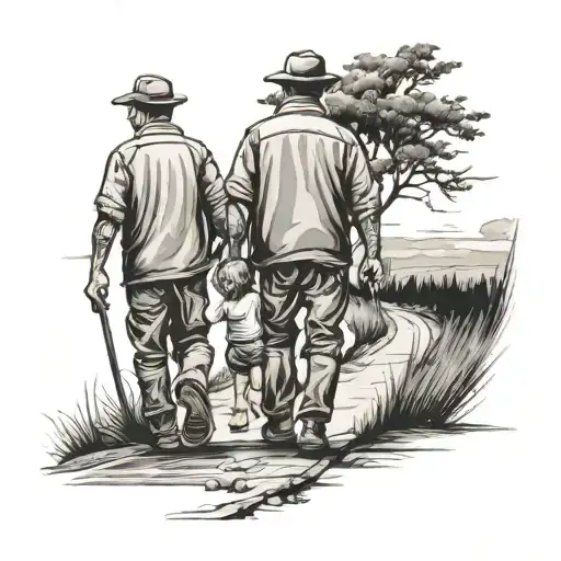 Father And Two Sons Walking Down A Road