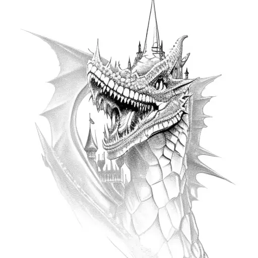 Large Gothic Dragon Climbing The Top Of Cinderella's Castle