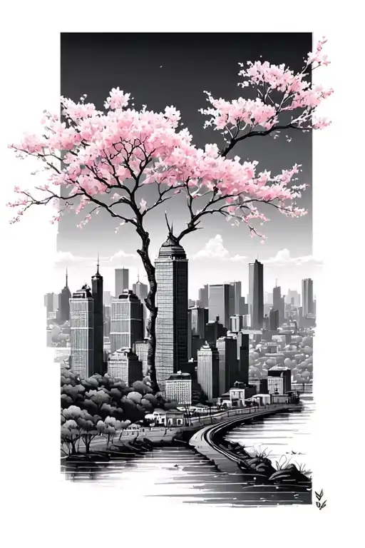 Skyline With A Cherry Blossom Tree In The Front