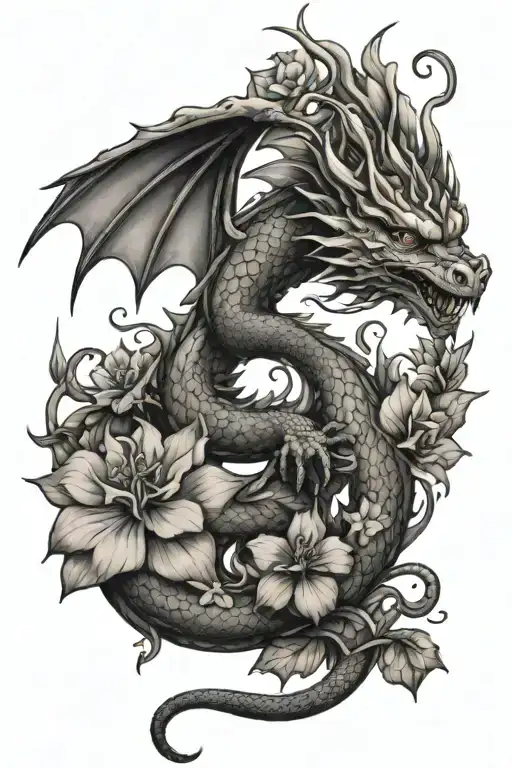 Feminine Flying Dragon With Violets