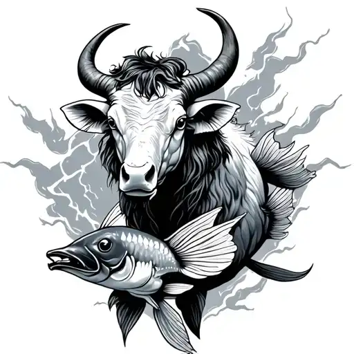 Taurus With Coy Fish And Thunder Background