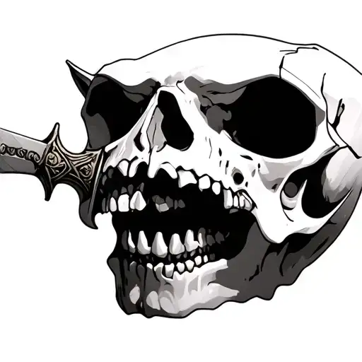 Anatomical Cat Skull With A Dagger In Its Mouth