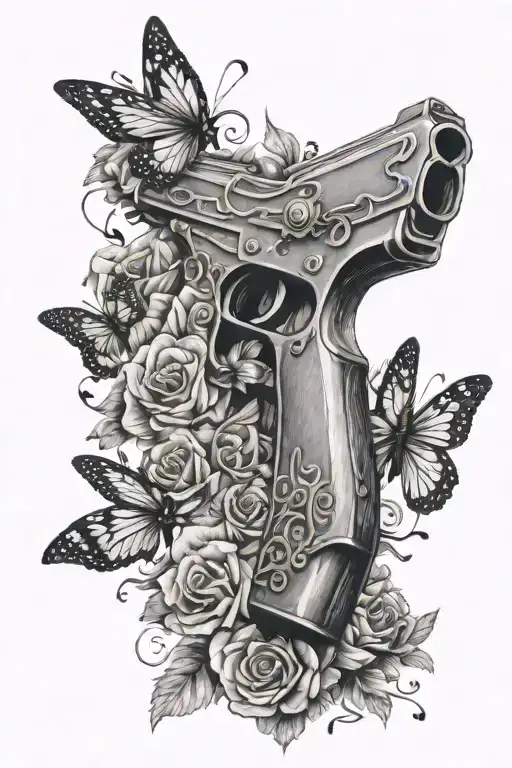 Back Tattoo With Gun With Flowers Wrapped Around It And Butterflies