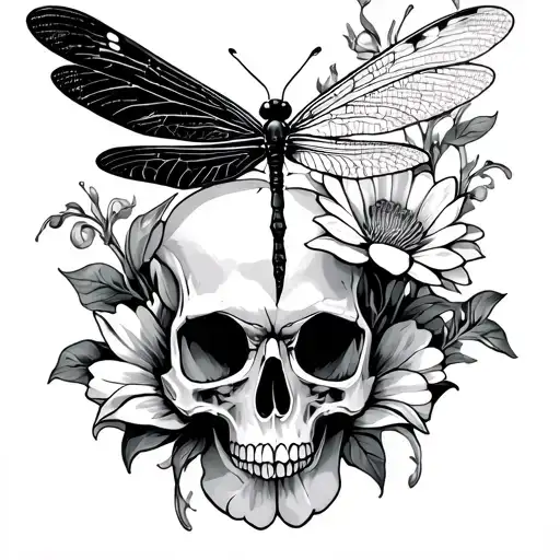 Flowers A Dragon Fly A Butterfly With A Skull In It All Fine Line
