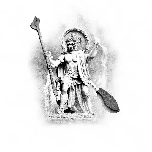 A Black-grey Tattoo Of A Roman Statue Holding A Fireman's Axe