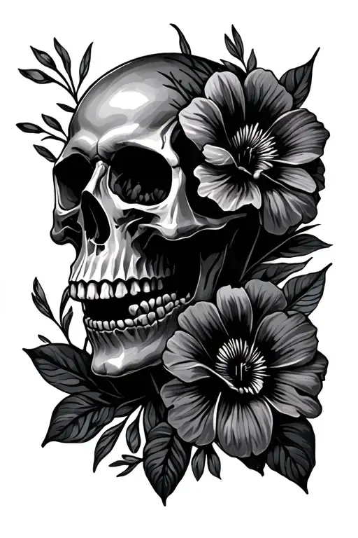 Skull On One Side With Flowers From The Antilles On The Other Dark