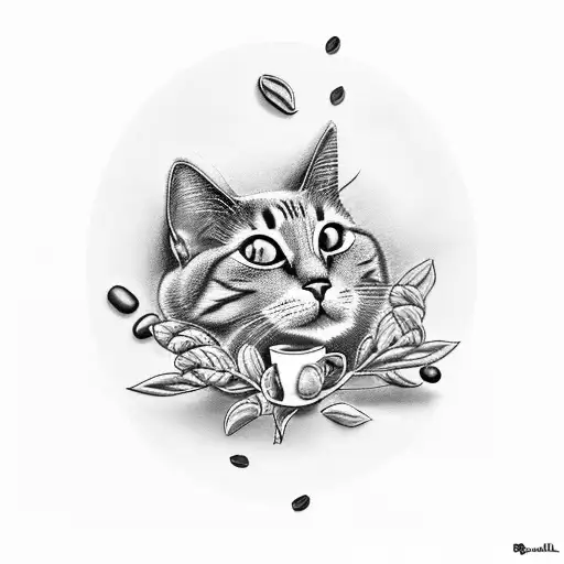 A Realistic Black And Grey Tattoo Of A Cat Lounging On A Coffee Bean Plant