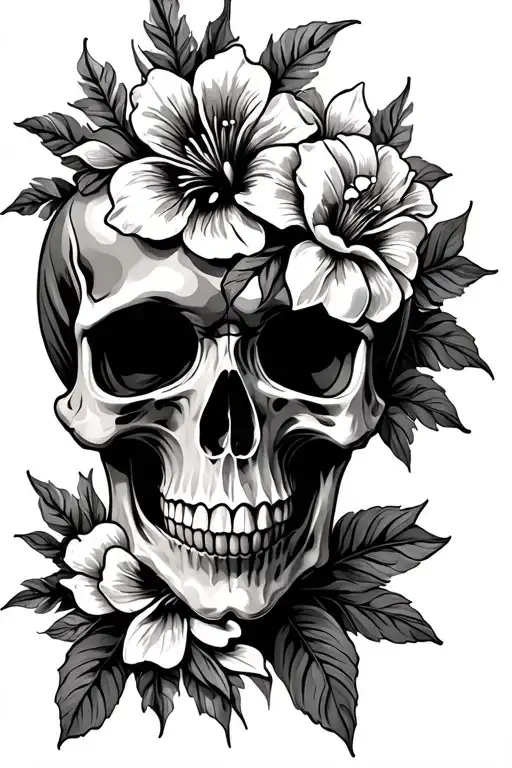Straight Skull With Flower Right Side With Flowers From The Antilles And Left Side Normal Skull