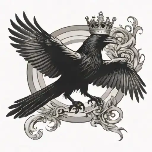 A Flying Raven Wearing A Crown With A Quill In Their Claws In Front Of A Yin Yang