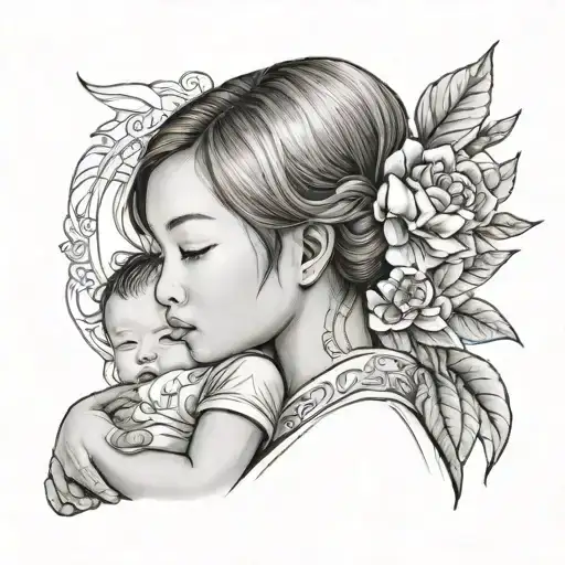Asian Other With Bob Hair And Asian Baby Girl Holding