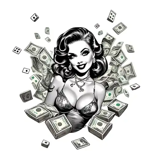 Pin Up Girl Side Ways With Dice And Money Pouring