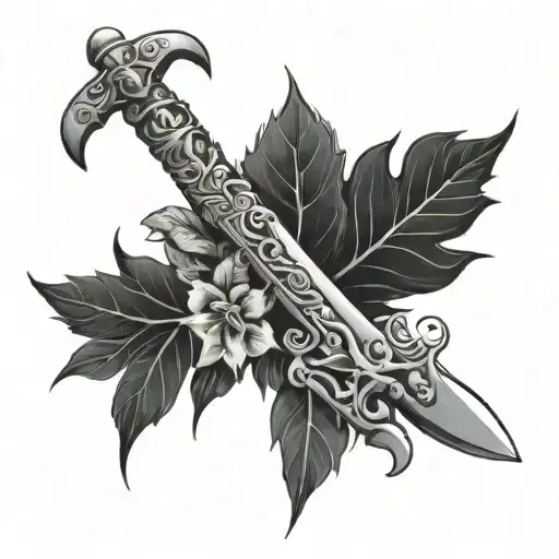 Keris Sword Surrounded By Alocasia Sanderiana Wreath And Stars
