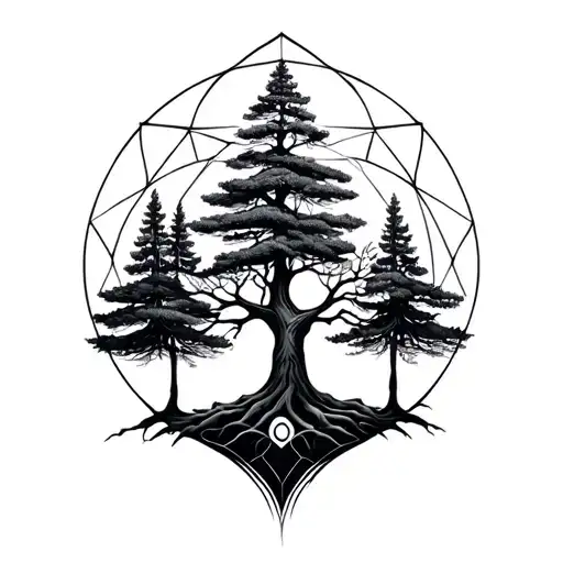 Tree Of Life With Pine Trees Around It With Geometric Elements Lines Sleve Tatoo