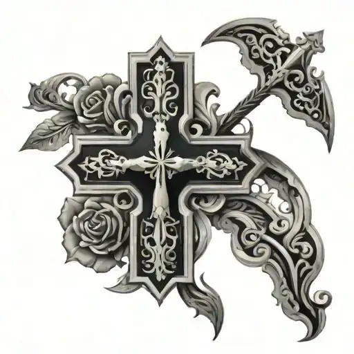 A Detailed Black And Grey Tattoo Of A Cross With Intricate Russian Orthodox Patterns