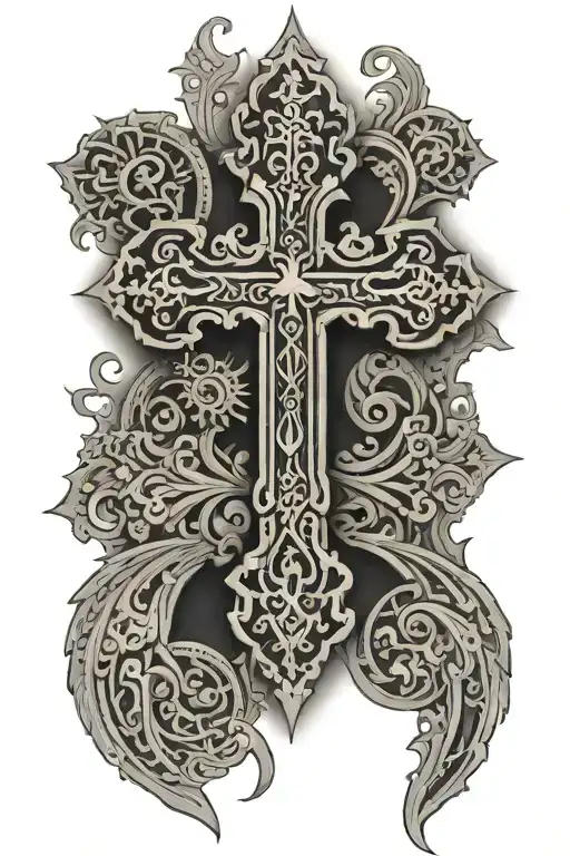 A Detailed Black And Grey Tattoo Of A Cross With Intricate Russian Orthodox Patterns