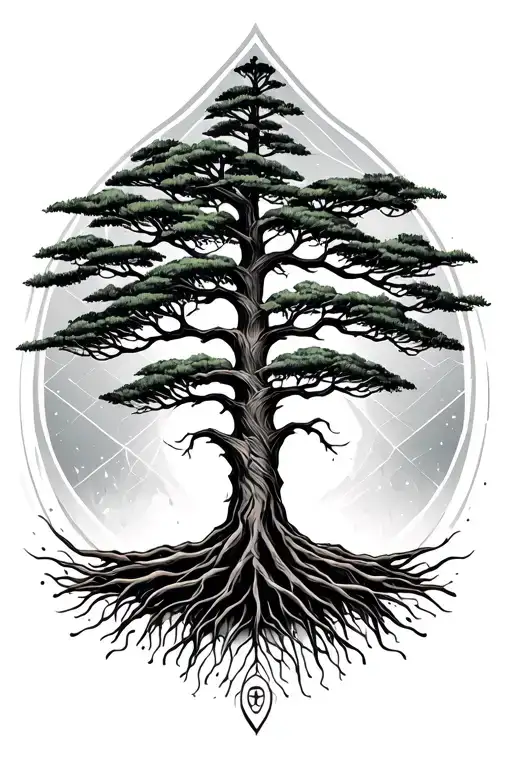 Tree Of Life With Pine Trees Around It With Geometric Elements Lines Sleve Tatoo