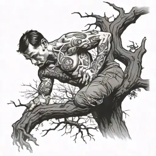 Tattooed Man Picking Up A Fallen Branch From A Big Tree
