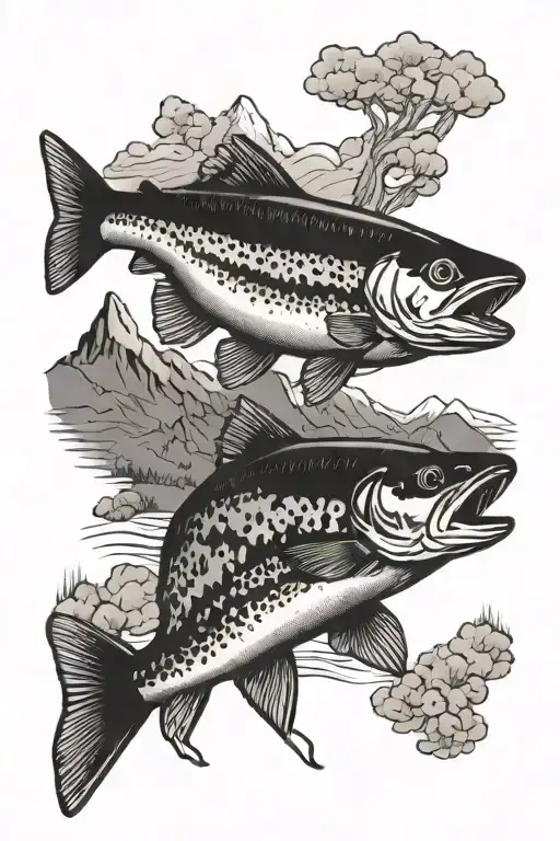 Black And White Silhouette Trout With Mountain Landscape Inside