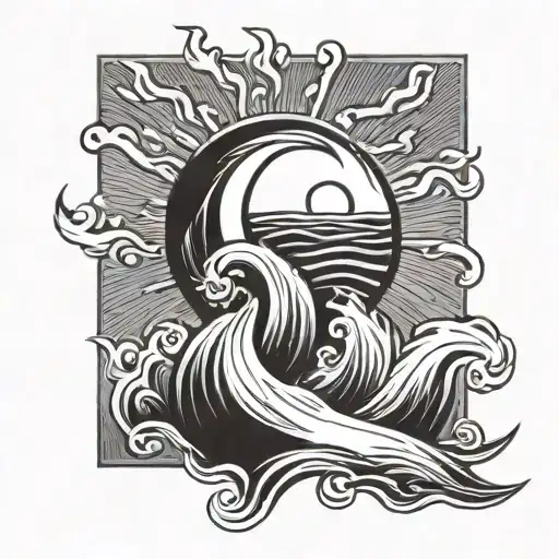 Sun And Waves In Square Tattoo Design