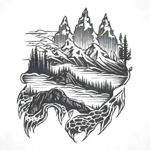 Bear Paw Print With Mountains Inside