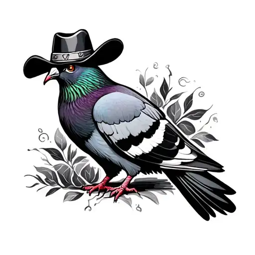 Pigeon Wearing A Black Cowboy Hat In Traditional Tattoo Style