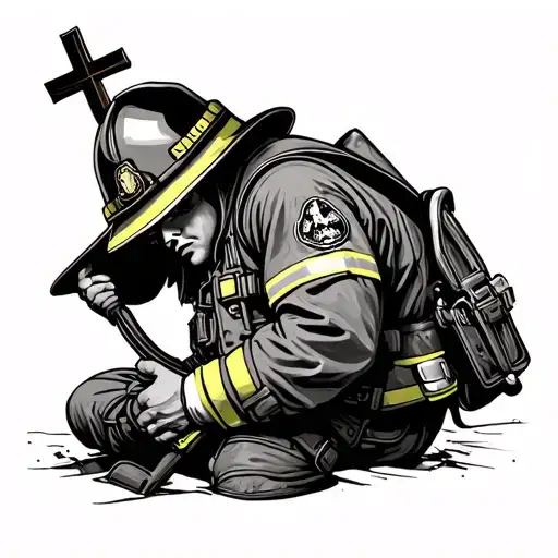 Firefighter Looking At A Cross