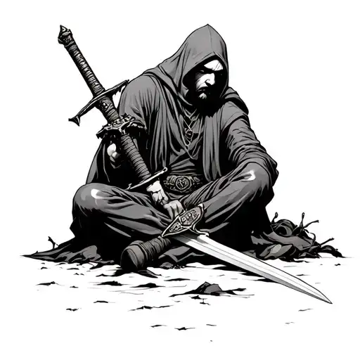 Fallen Guy Sitting With Sword At Night In Peace At Night After Big War