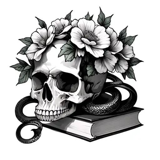 Flowers Blooming From A Skull Sitting On Top Of Books With A Snake Around It