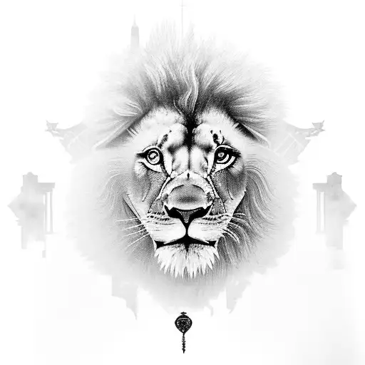 A Black-grey Tattoo Showcasing A Magnificent Lion And A Stunning City Skyline Merging Seamlessly