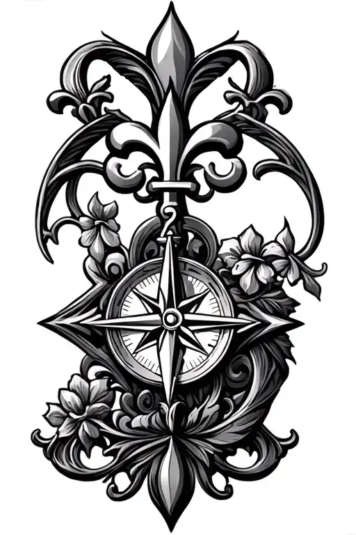 Filigree Design With Compass And Knights Templar With Fleur De Lis