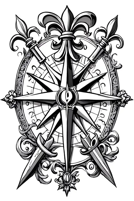 Knights Templar With Fleur De Lis And Compass With Filigree Design