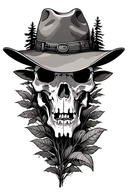 Skeleton Wearing Cowboy Hat Fading Into A Nature Scene With An Old Train Fading Into A Cow Skull