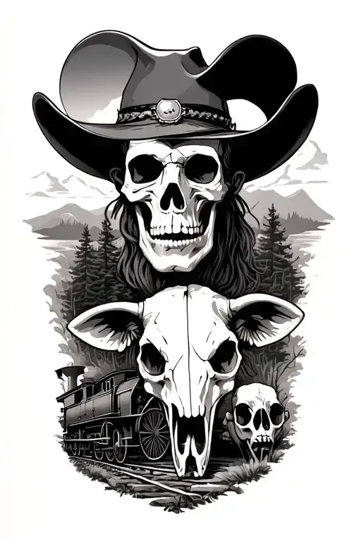 Skeleton Cowboy Bust Fading Into A Nature Scene With An Old Train Fading Into A Cow Skull