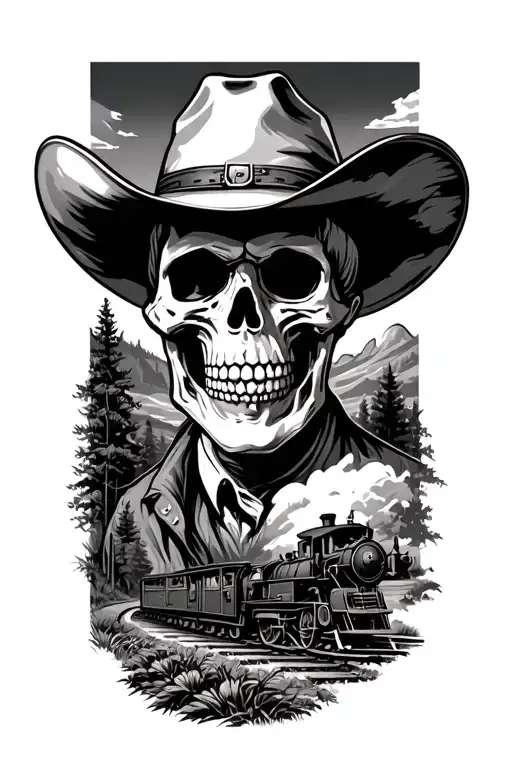 Skeleton Cowboy Bust Fading Into A Nature Scene With An Old Train Fading