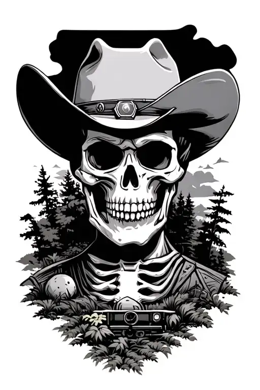 Cowboy Skeleton Bust Fading Into Nature Scene With A Train