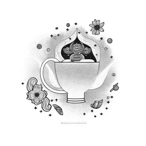 A Cosmic Coffee Cup With Floating Fish And Celestial Flowers