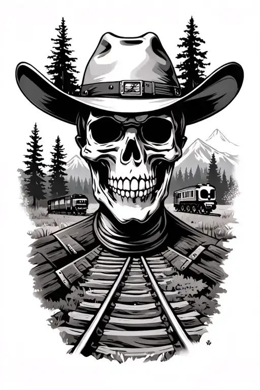 Cowboy Skeleton Bust Fading Into A Nature Scene With A Train On Tracks With Mountains